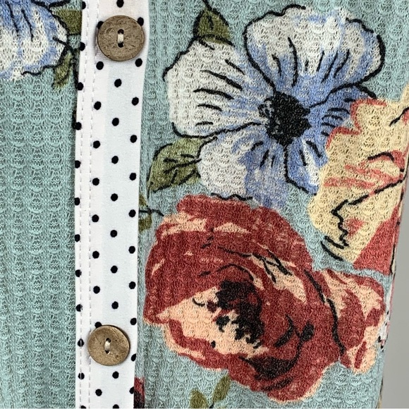 Oddi Retro Spring Floral Rose Polka Dot Teal Cutout Cold Shoulder Bow Top - Picture 10 of 16